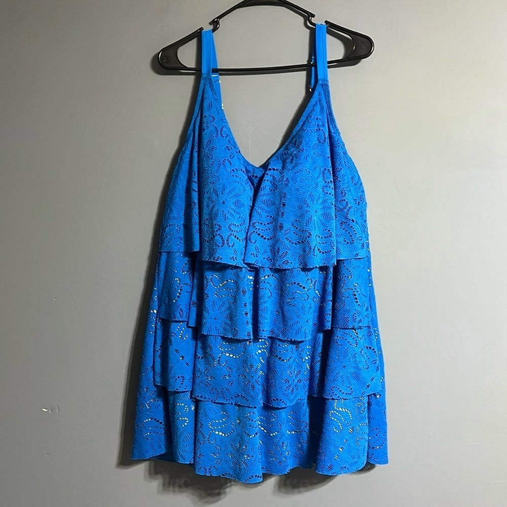 Swimsuits For All 24W plus size Royal Blue Tiered Lace One-Piece Swimdress